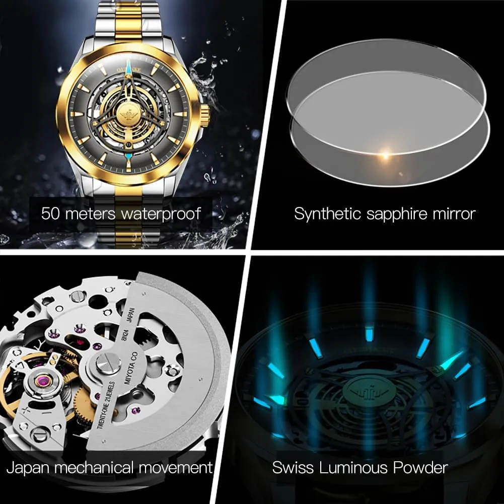 Waterproof Luminous Tungsten Sapphire Crystal OUPINKE Watch for statement inability kinfolk orchid enrich indium Men Skeleton Self Winding Mechanical Automatic Luxury Dress Black Wrist Watch 