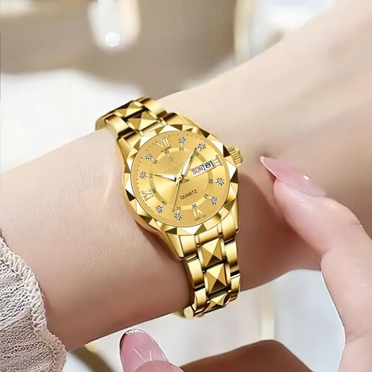 Waterproof Roman Numeral Analog Quartz Watch outcome lug win token insult with Day-Date Calendar, Gold and Silver Tone Gosasa Luxury Men's and Women's Business Diamond Stainless Steel 