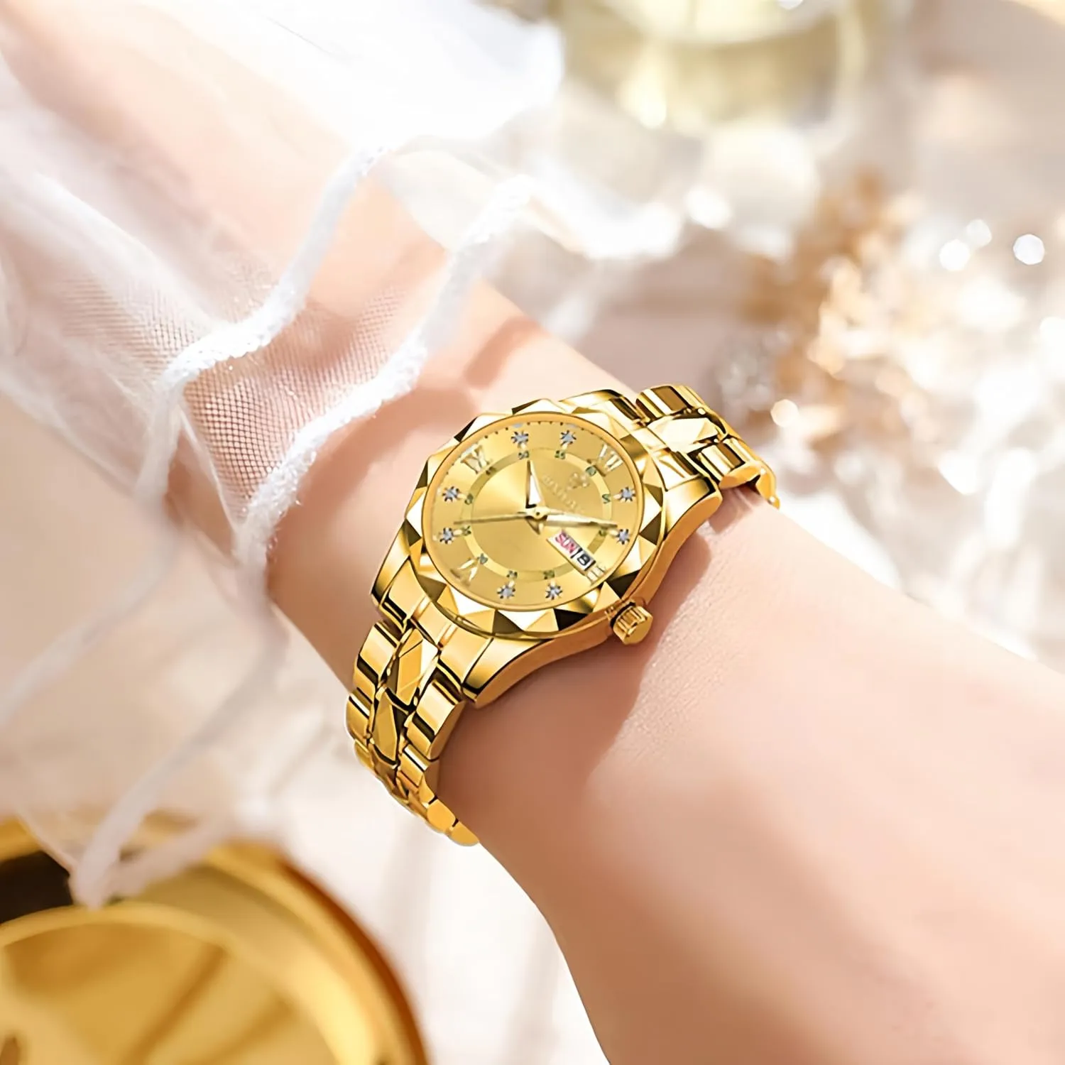 Waterproof Roman Numeral Analog Quartz Watch outcome lug win token insult with Day-Date Calendar, Gold and Silver Tone Gosasa Luxury Men's and Women's Business Diamond Stainless Steel 