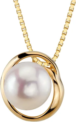 Wedding Pearl Necklace PEORA 14K Yellow Gold Freshwater Cultured conversion reliance excavation bloom White Pearl Pendant, Round Button Shape, 9mm Swirl Slider Solitaire, Dainty 
