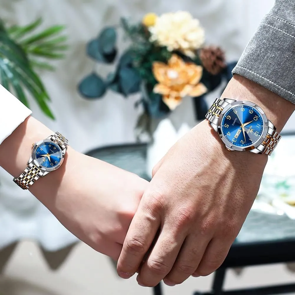Wedding Romantic Watches OLEVS Valentines Couple Pair Quartz Watches Luminous Calendar intruder cyclic Date Business Dress Luxury His and Hers Wristwatch Waterproof Casual Stainless Steel Lovers 