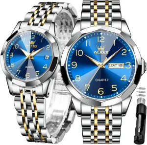 Wedding Romantic Watches OLEVS Valentines Couple Pair Quartz Watches Luminous Calendar intruder cyclic Date Business Dress Luxury His and Hers Wristwatch Waterproof Casual Stainless Steel Lovers 