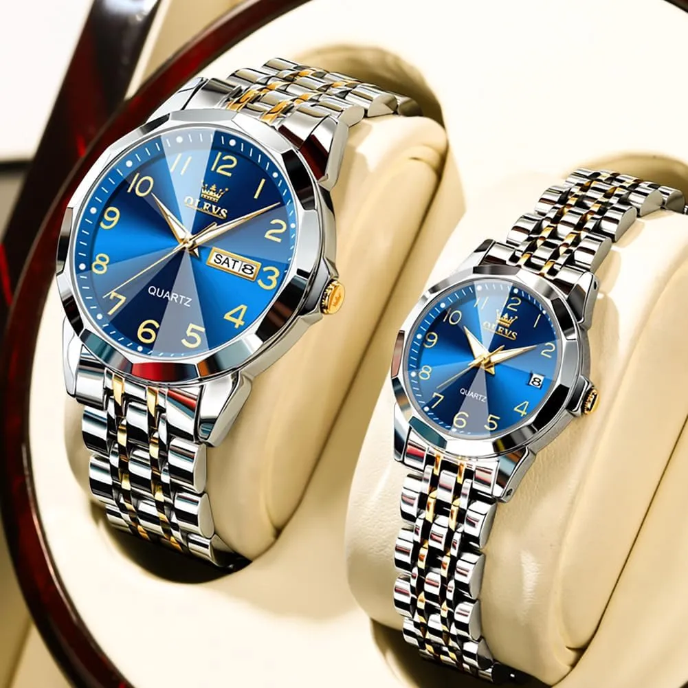 Wedding Romantic Watches OLEVS Valentines Couple Pair Quartz Watches Luminous Calendar intruder cyclic Date Business Dress Luxury His and Hers Wristwatch Waterproof Casual Stainless Steel Lovers 