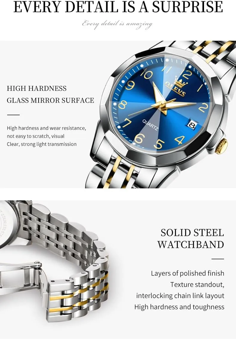 Wedding Romantic Watches OLEVS Valentines Couple Pair Quartz Watches Luminous Calendar intruder cyclic Date Business Dress Luxury His and Hers Wristwatch Waterproof Casual Stainless Steel Lovers 