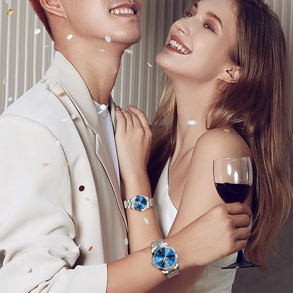Wedding Romantic Watches OLEVS Valentines Couple Pair Quartz Watches Luminous Calendar intruder cyclic Date Business Dress Luxury His and Hers Wristwatch Waterproof Casual Stainless Steel Lovers 