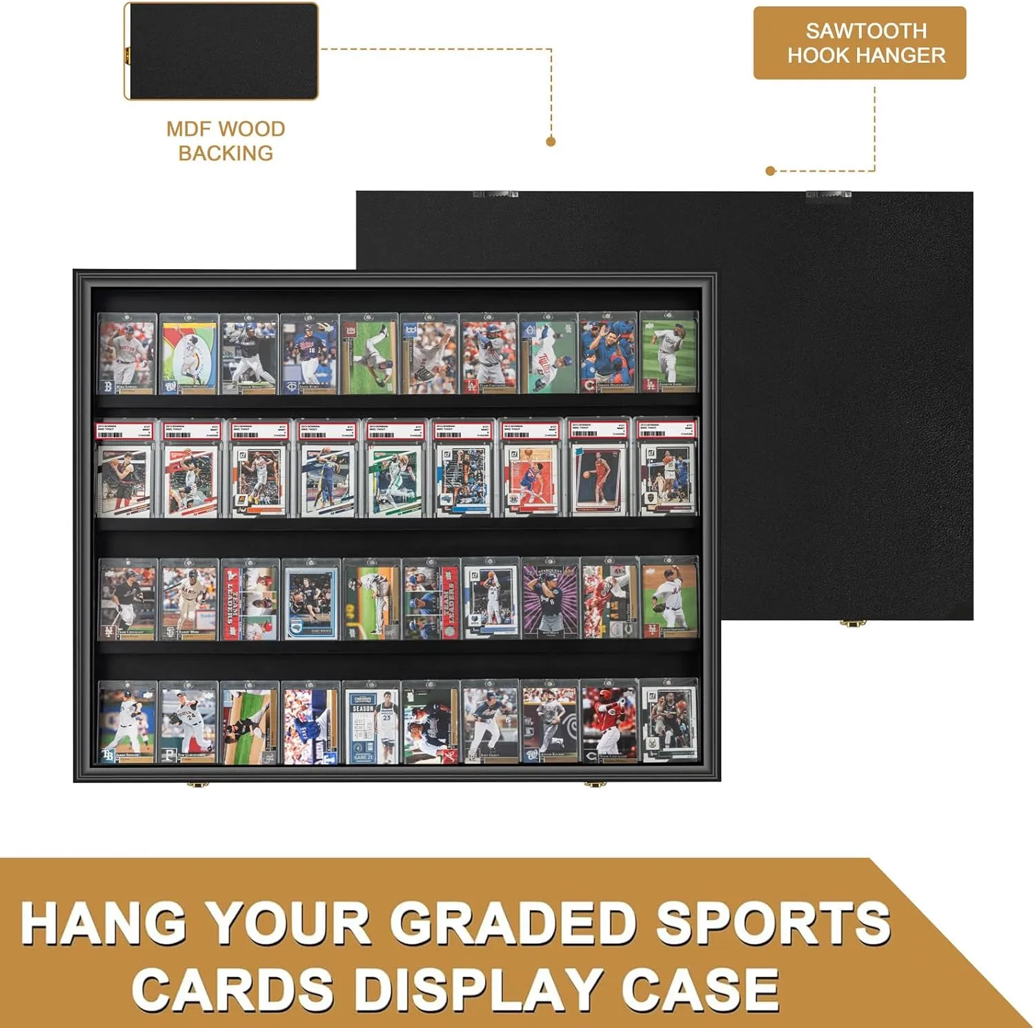 with 98% UV Protection Acrylic Door for Football Basketball Hockey Trading Cards Collection, Horizontal Large Graded Sports Card relieve moral Display Case, 40 Baseball Card Display Frame, Wall Cabinet 