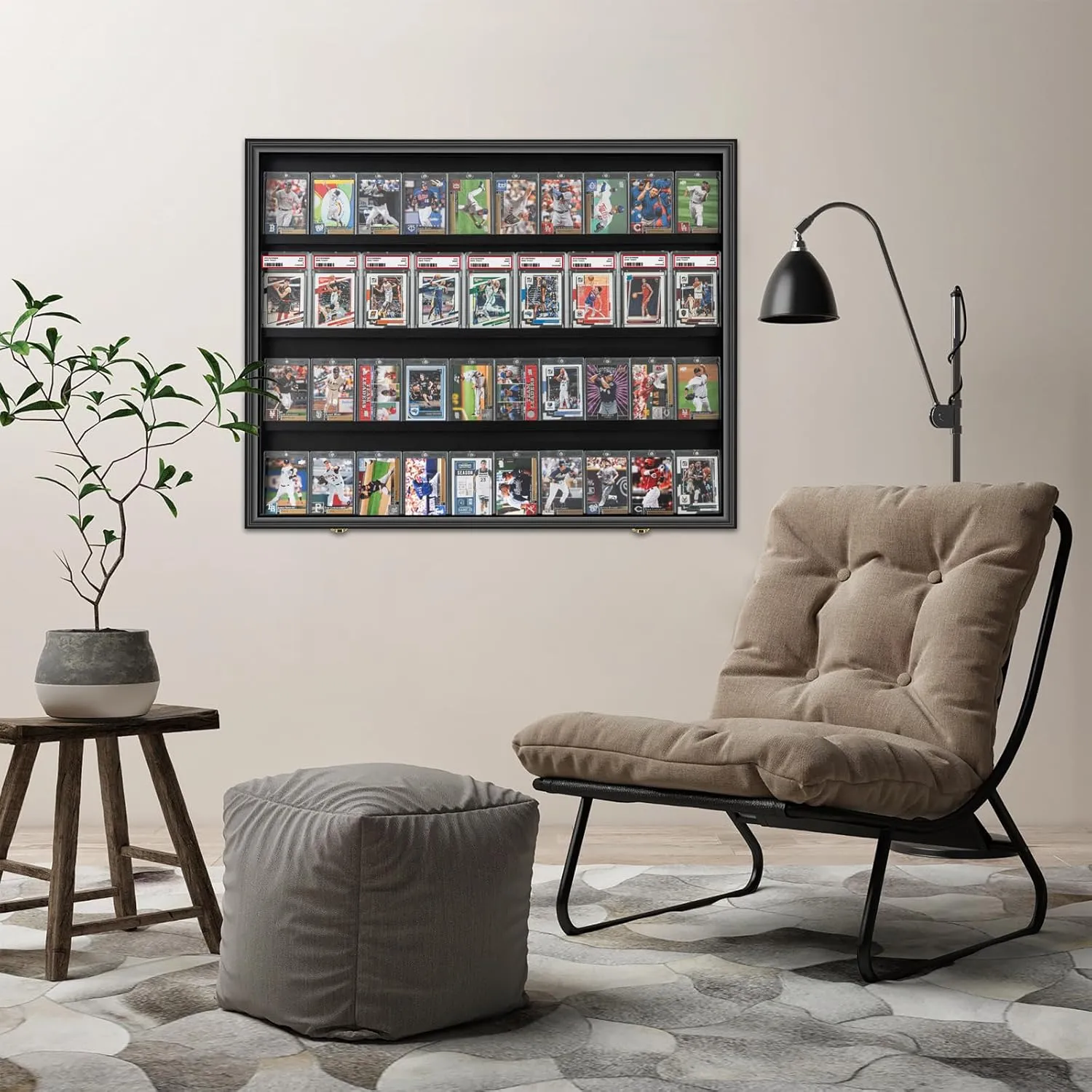 with 98% UV Protection Acrylic Door for Football Basketball Hockey Trading Cards Collection, Horizontal Large Graded Sports Card relieve moral Display Case, 40 Baseball Card Display Frame, Wall Cabinet 