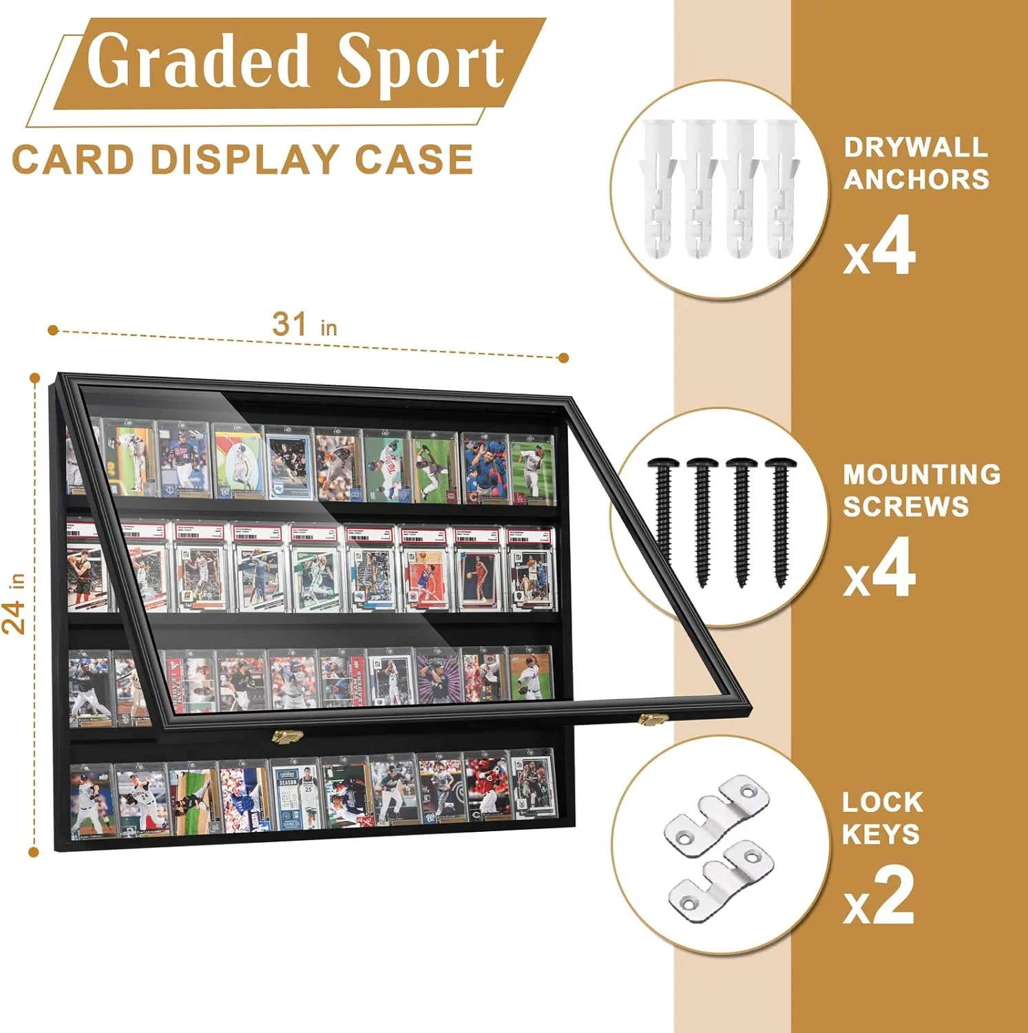 with 98% UV Protection Acrylic Door for Football Basketball Hockey Trading Cards Collection, Horizontal Large Graded Sports Card relieve moral Display Case, 40 Baseball Card Display Frame, Wall Cabinet 