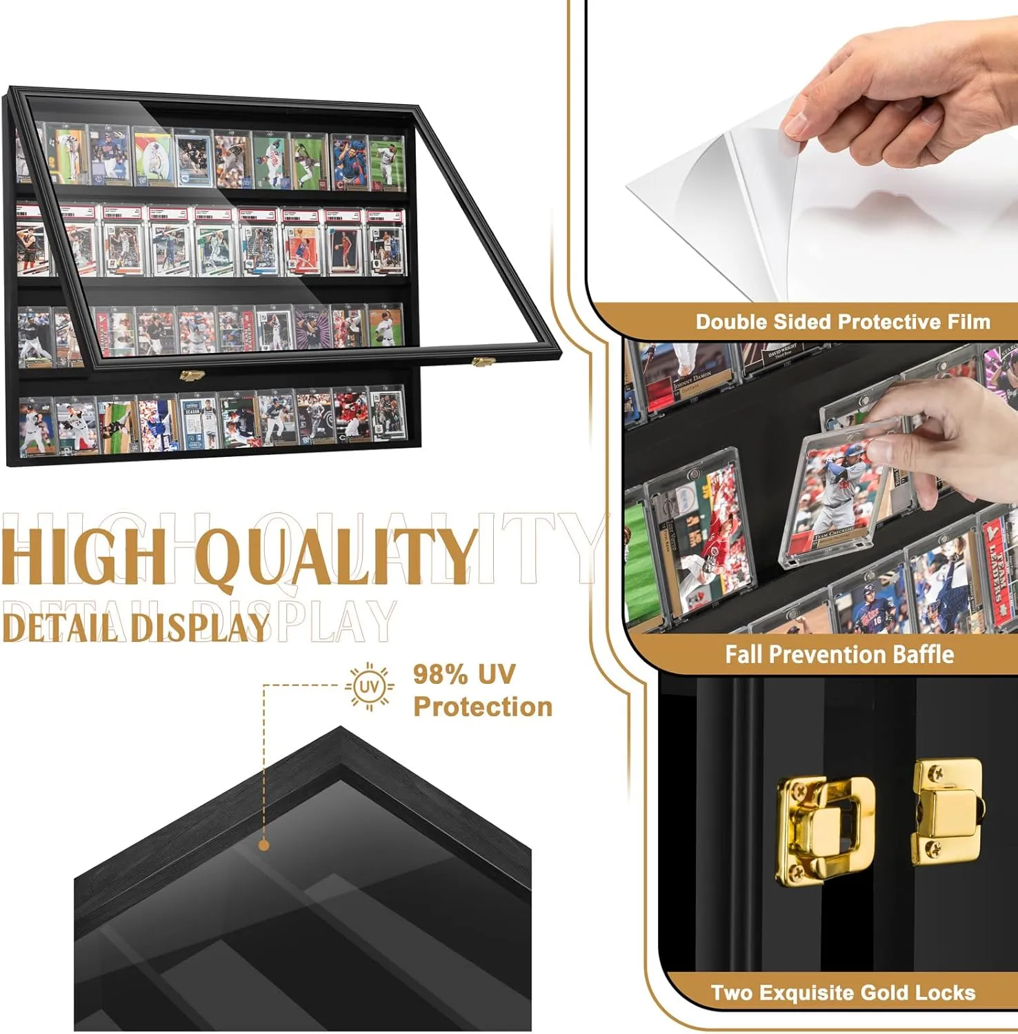with 98% UV Protection Acrylic Door for Football Basketball Hockey Trading Cards Collection, Horizontal Large Graded Sports Card relieve moral Display Case, 40 Baseball Card Display Frame, Wall Cabinet 