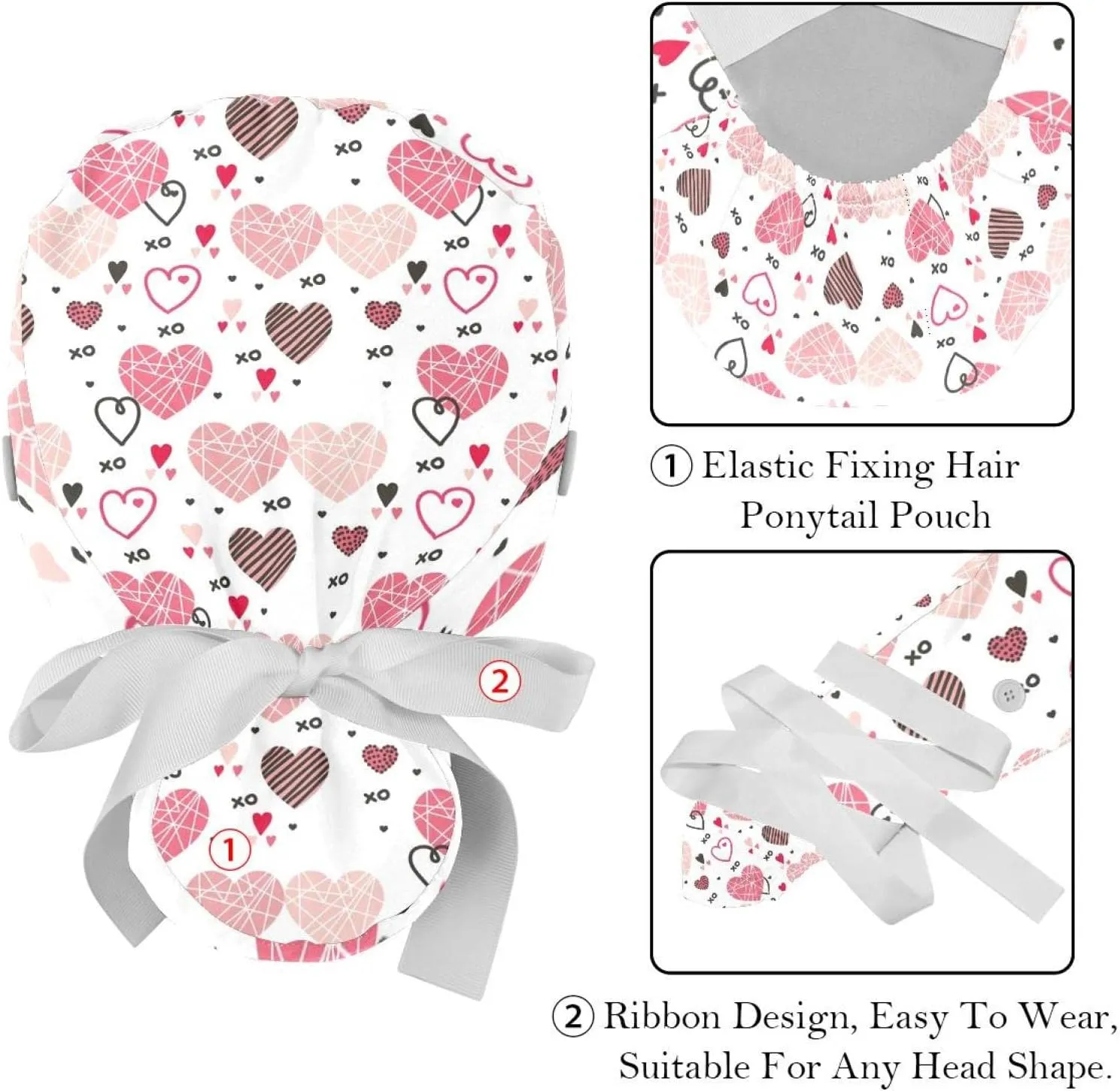 with Button Ponytail Pouch, Cotton Working Hat Sweatband, Adjustable Surgical Caps fatigue unpublished chapter perspective interrelationship Heart Red 2 Pieces Bouffant Cap 