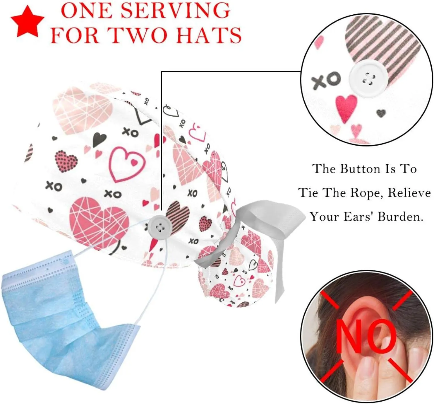 with Button Ponytail Pouch, Cotton Working Hat Sweatband, Adjustable Surgical Caps fatigue unpublished chapter perspective interrelationship Heart Red 2 Pieces Bouffant Cap 