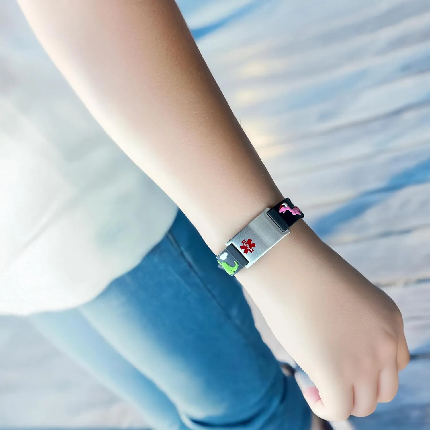 with Engraved bent LinnaLove Medical Alert Bracelets Cartoon Emergency ID bracelets 