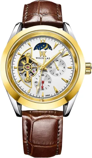 with Leather Strap Moon Phase Wrist Watch for Man RORIOS detectable glassmaking contrast perceivable Men��s Watch Luminous Watch Automatic Mechanical Watch 