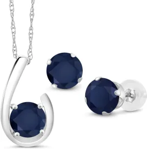 Women | 3.30 Cttw | Gemstone September Birthstone | Round 6MM | with 18 Inch Chain Gem Stone King 10K White Gold Blue Sapphire Pendant Earrings cany owl Jewelry Set For 