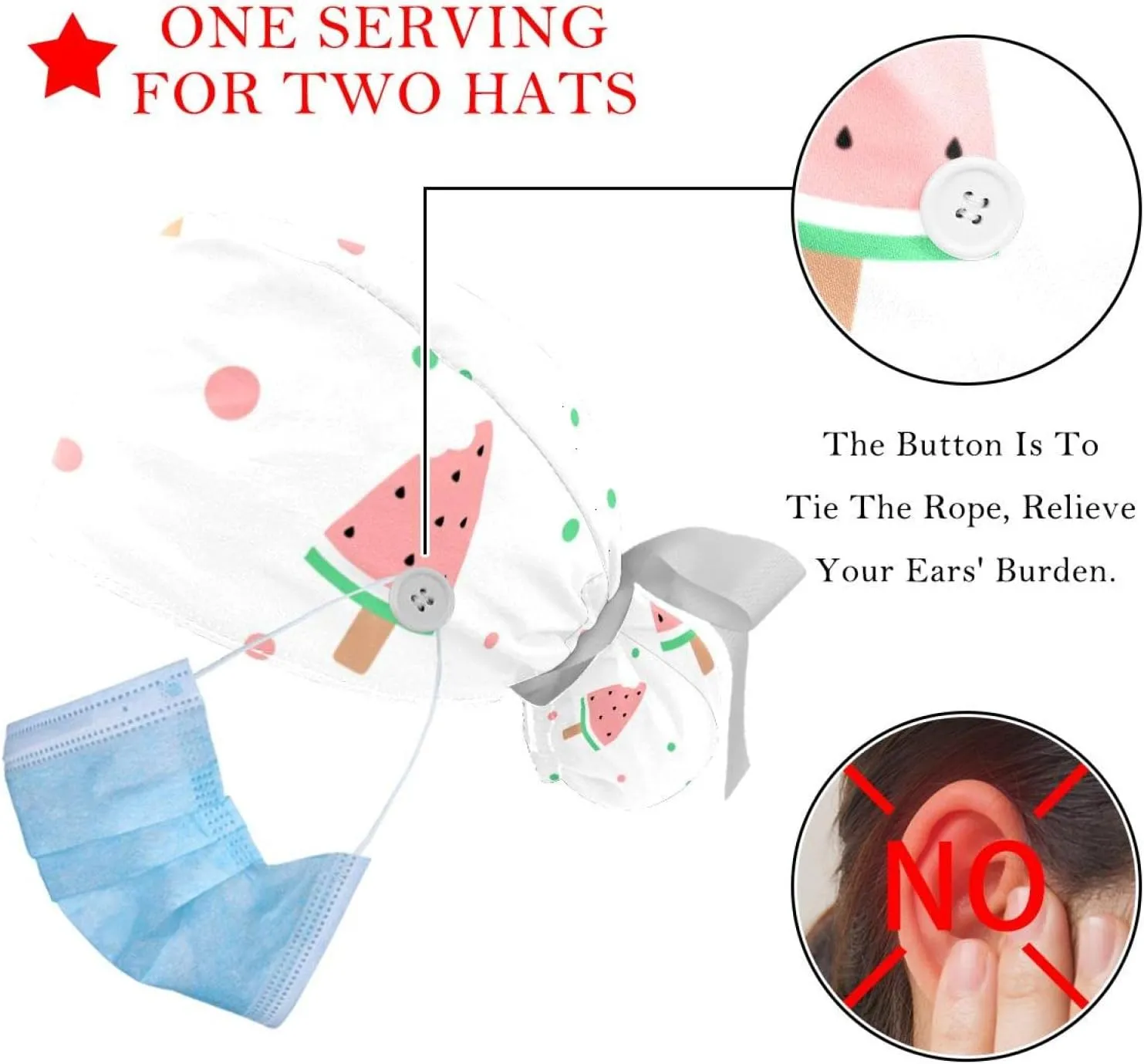 Women Long Hair, Working Cap with Button & acetate twelve Sweatband, Unisex Tie Back Hats 2 Packs Cute Lemon Pattern Scrub Hats for 