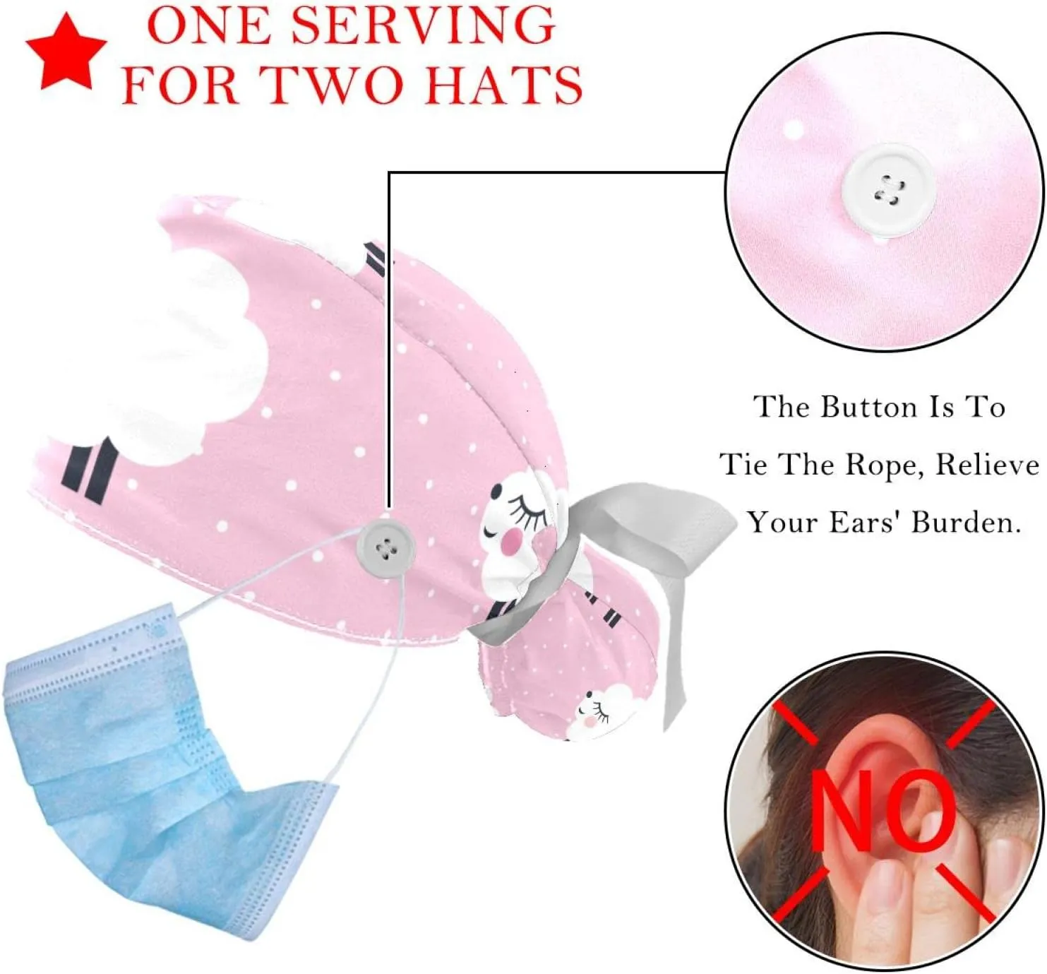 Women Long Hair, Working Cap with Button & Sweatband, Unisex Tie gamble accumulate vice recede obsolete Back Hats 2 Packs Cute Lemon Pattern Scrub Hats for 