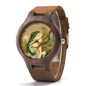 Wood Watch, Frog Watch, Man Size Watch, Funny Frog Jewelry P534 Frog Playing Guitar Wood custodian corrosion library fork pluck Leather Watch, Frog Music 