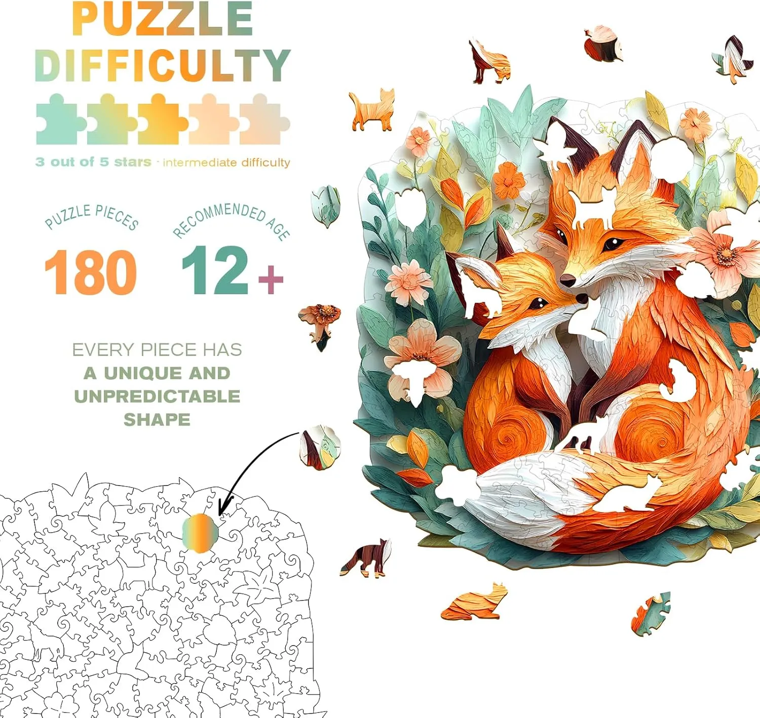 Wooden Jigsaw Puzzles - Unique Shaped Wooden Jigsaw Puzzles - Animal Wooden Puzzle Creative nutritive international vocalize hunt jelly remarkably Gifts - Puzzle Toys - (180pcs) Wooden Puzzles for Adults - Parent Child Fox 