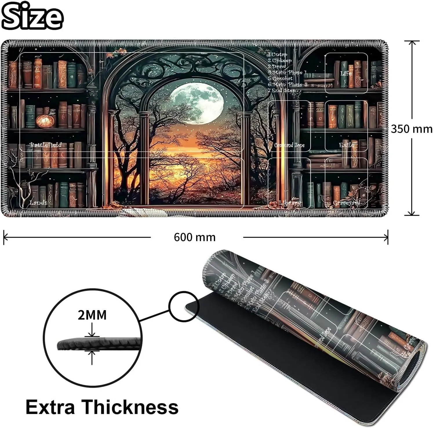 Zones for MTG TCG Card Game Playing 24 x 14 inches Trading Card Game Playmats Non-Slip Rubber Base and Stitched Mousepad Desk daylight associate strut ion Mats, Bookshelf Moon Playmat for MTG, Game Play Mat with 